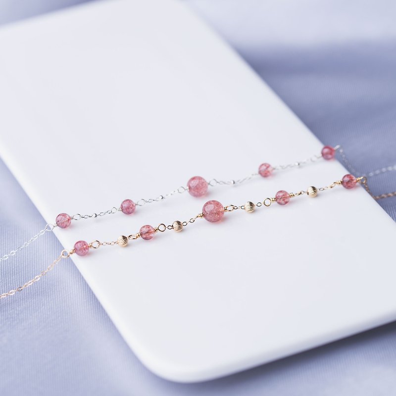 Strawberry Rose Quartz, 925 Sterling Silver, Natural Gemstone Crystal Stack Brac - Bracelets - Crystal Pink