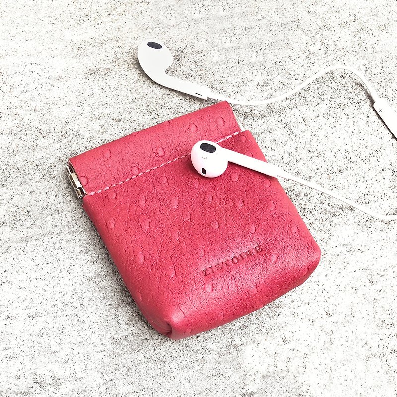 [Glamor] ZiBAG-037S/spring gold earphone bag/coral deep pink (ostrich embossed) - Coin Purses - Genuine Leather 
