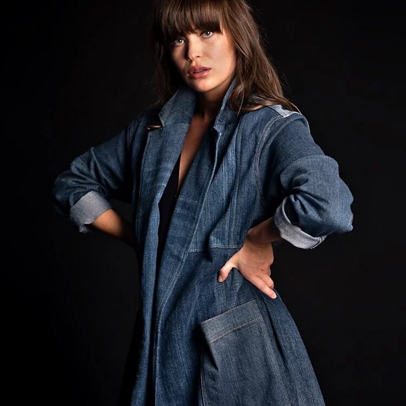 OFA long trench coat - เสื้อสูท/เสื้อคลุมยาว - ผ้าฝ้าย/ผ้าลินิน สีน้ำเงิน