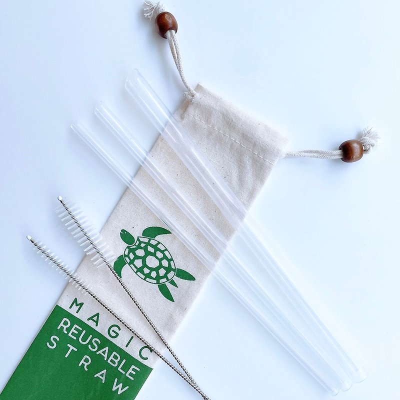 [Meggie Straw x 21.5cm] Green Turtle Storage Bag + Full Size Five-piece Set - Reusable Straws - Other Materials Multicolor