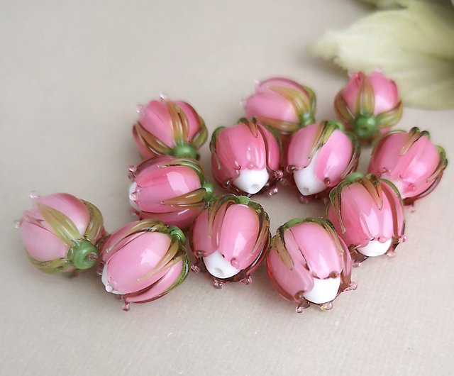 Pink Glass Flowers With Stems, Crystal Flower Bead 