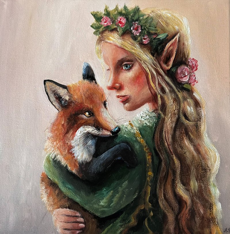 Girl hugging fox, Fox wall art, Fox painting, Fairy elf painting, Forest decor - 壁貼/牆壁裝飾 - 棉．麻 多色