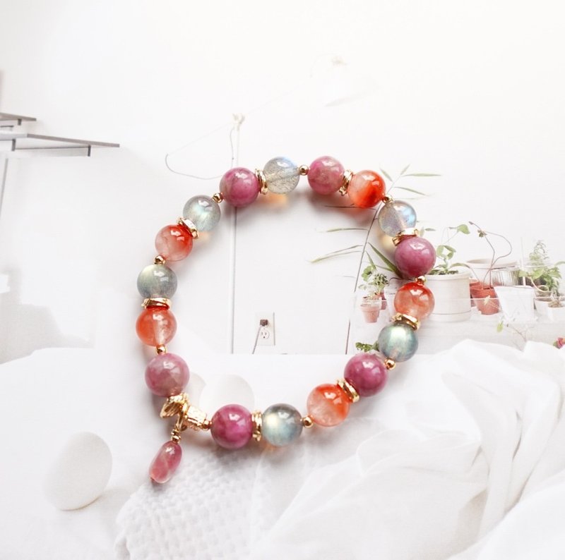 Old Mineral Pink Tourmaline Red Rabbit Hair Labradorite Bracelet - สร้อยข้อมือ - คริสตัล 