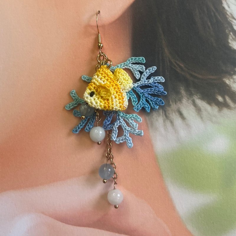 Ocean Fantasy Coral and Aquamarine Earrings - ต่างหู - งานปัก หลากหลายสี