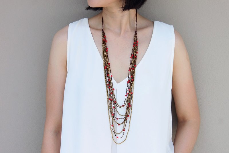 Layered Strand Necklaces Coral Woven Beaded Stone  Ask a question - Necklaces - Paper Red