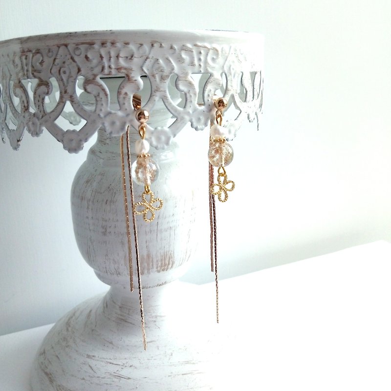 Aiyana Vintage Series Perforated Natural Freshwater Pearl Metal Tassel Earrings-Ear Pins/ Clip-On - Earrings & Clip-ons - Crystal Gold