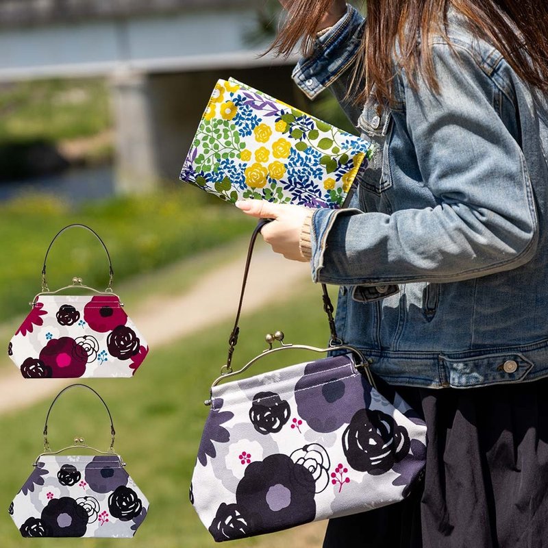 横長ベンリーがま口バッグ 花重ね HANAKASANE ハンドバッグ Frame Bag 牛革ハンドル付 日本製 - 手提包/手提袋 - 棉．麻 灰色