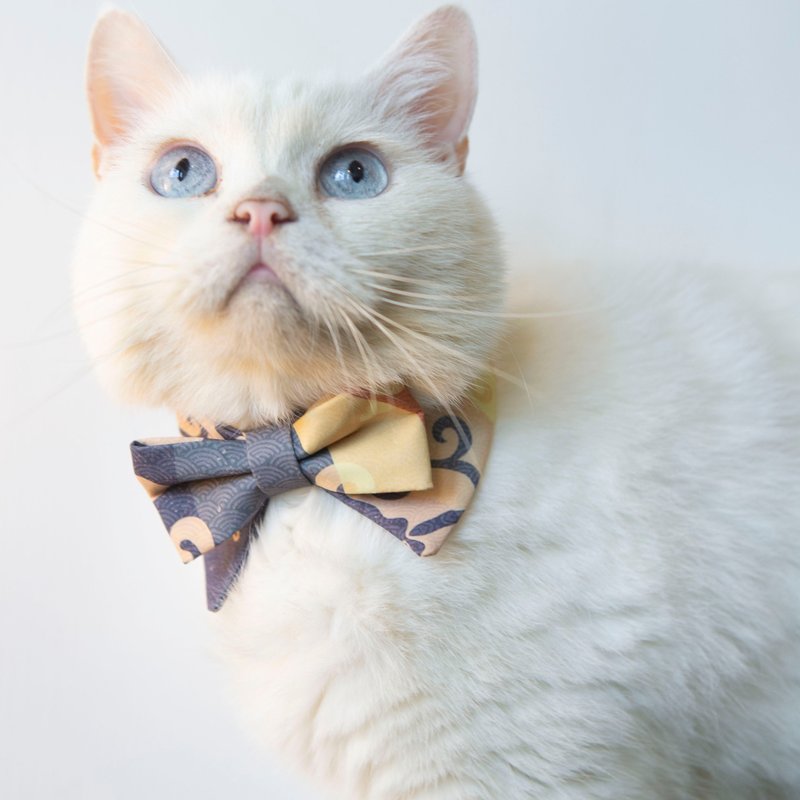 Pets Collar with Bowties with Japanese Pattern in blue and beige color - Collars & Leashes - Other Man-Made Fibers Khaki