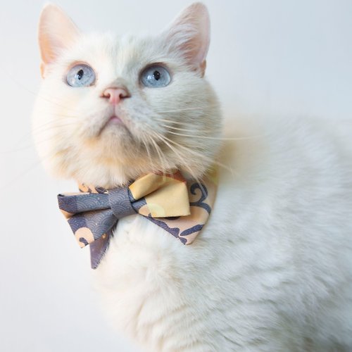 皮摩妮・寵物生活館 日系圖案 寵物項圈 領結造型藍杏色圍脖 貓狗可用 可印名字