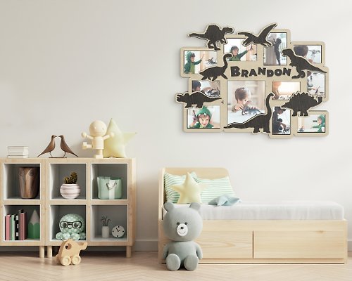 Mr.Carpenter Store Personalized photo frame gallery decorated with dinosaurs Custom color name sign