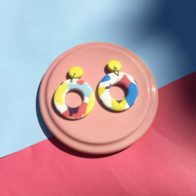 ต่างหู แฮนเมด ดินอบ Polymer clay earrings pastel collection Circle shape - ต่างหู - วัสดุอื่นๆ หลากหลายสี