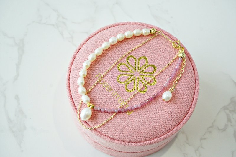 Natural Tourmaline and Freshwater Pearl Bracelet , July birthstone - 手鍊/手環 - 石頭 粉紅色