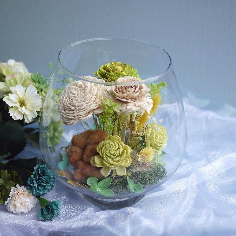 エデンコレクション - バラ地球の緑と黄色の木製のテーブルの花ガラスマイクロ風景 - ドライフラワー・ブーケ - 寄せ植え・花 グリーン