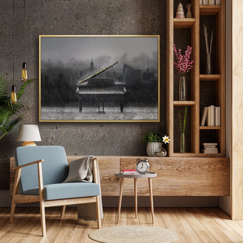 Piano • Melody in the rain - music, Interior design, Hanging pictures - Posters - Cotton & Hemp Multicolor