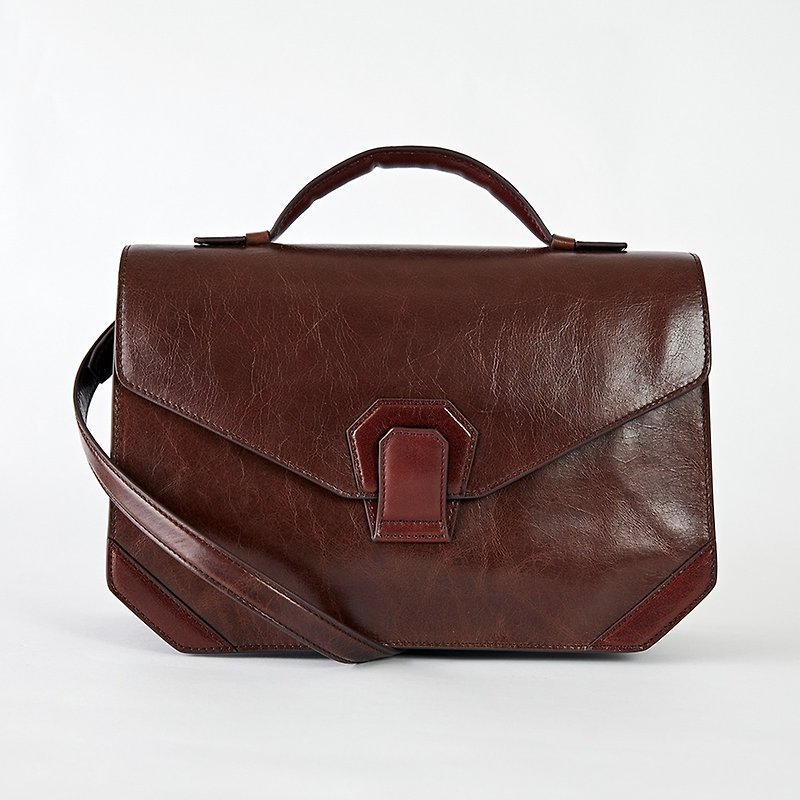 [Acordeón] Horse oil leather three-fold shoulder organ bag-retro coffee - Messenger Bags & Sling Bags - Genuine Leather Brown
