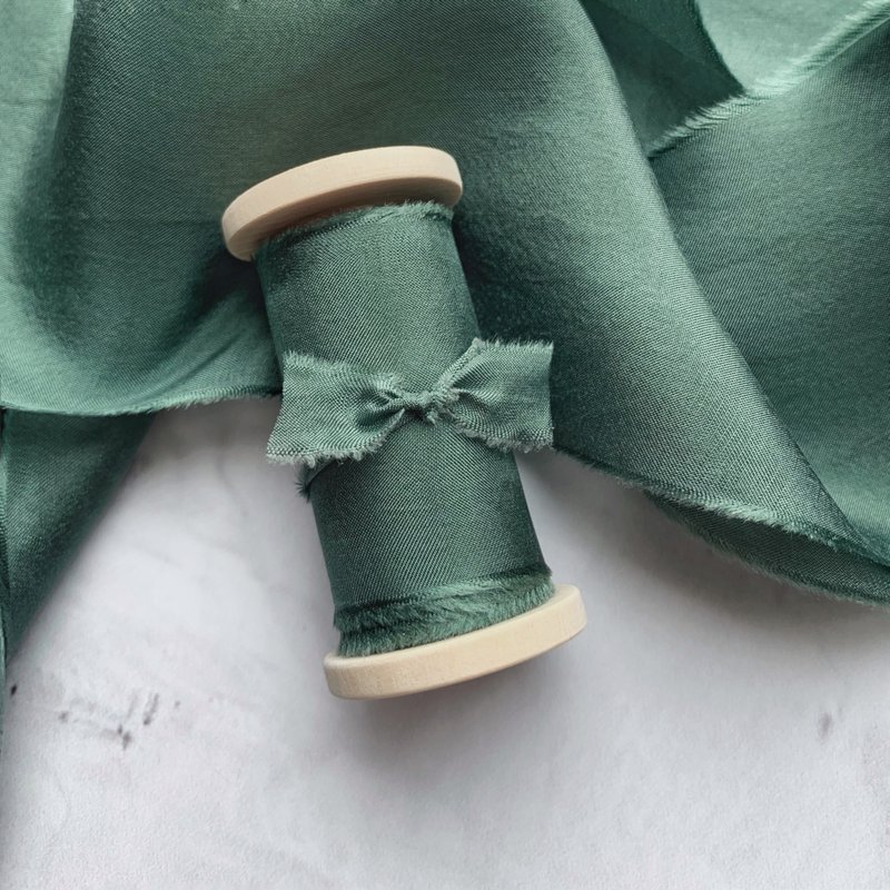 Forest Green Silk Ribbon / Hand Dyed Silk ribbon on Wood Spool - 包裝材料/包裝紙 - 絲．絹 綠色