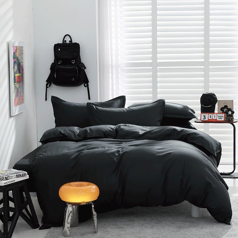 Good Relationship HAOKUANXI | Quiet Night Black-New Tencel Cotton Bedside Pocket Bed Bag Quilt Cover Pillow Case Set - เครื่องนอน - วัสดุอีโค สีดำ