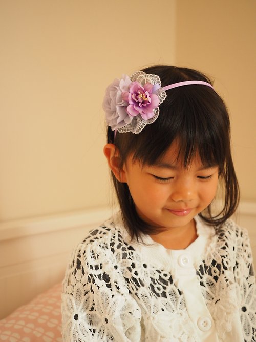 sunflowercorsage 手作粉紫色雪紡拼花彈性髮帶頭飾 適合彌月宴會家庭照