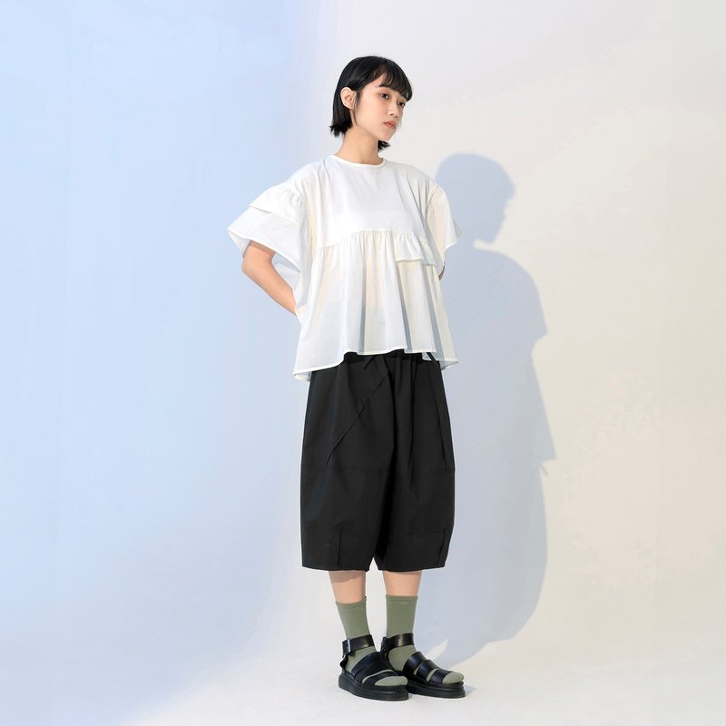 荷葉寬袖拼接上衣 - 女上衣/長袖上衣 - 棉．麻 白色