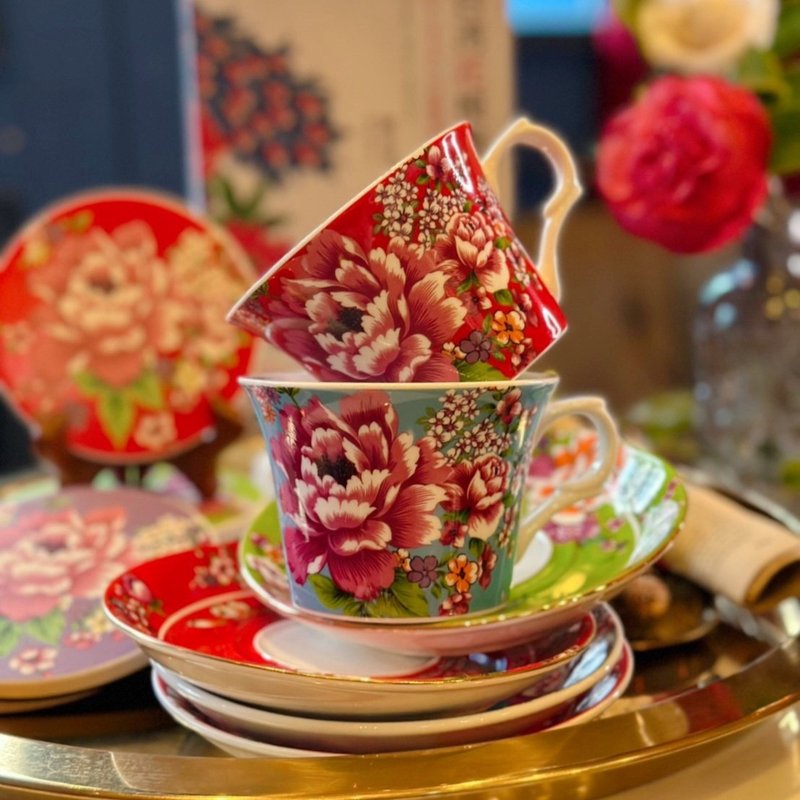 New Peony coffee cup and tray set/6 colors in total/first choice for afternoon tea - แก้วมัค/แก้วกาแฟ - เครื่องลายคราม หลากหลายสี