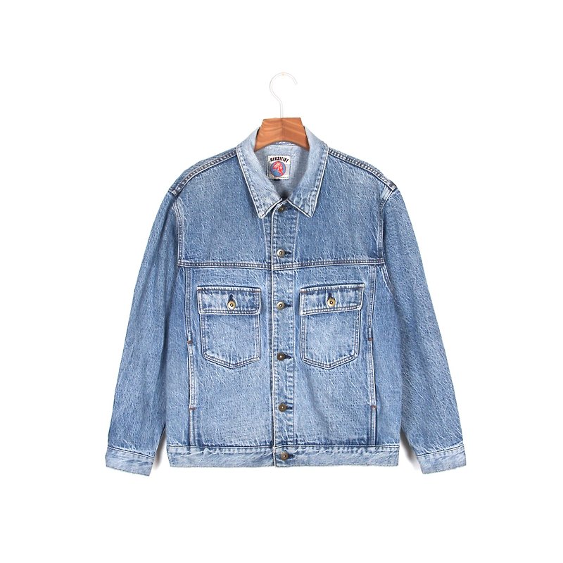 Ancient】 【egg plant Clear sky and vintage denim jacket - เสื้อแจ็คเก็ต - ผ้าฝ้าย/ผ้าลินิน สีน้ำเงิน