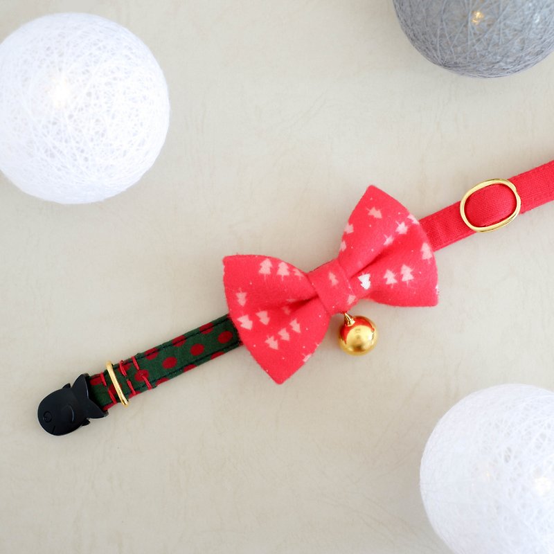 Breakaway cat collar : Let it snow collection / Removable Bow-tie:Christmas tree - 項圈/牽繩 - 棉．麻 紅色
