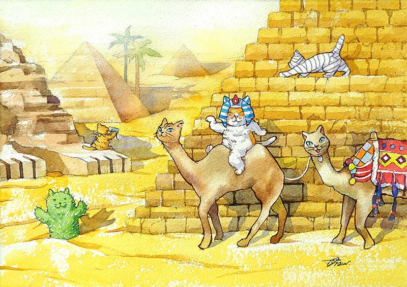 Original watercolor painting [Kitten's Travels - Egypt Tour] - Posters - Paper Yellow