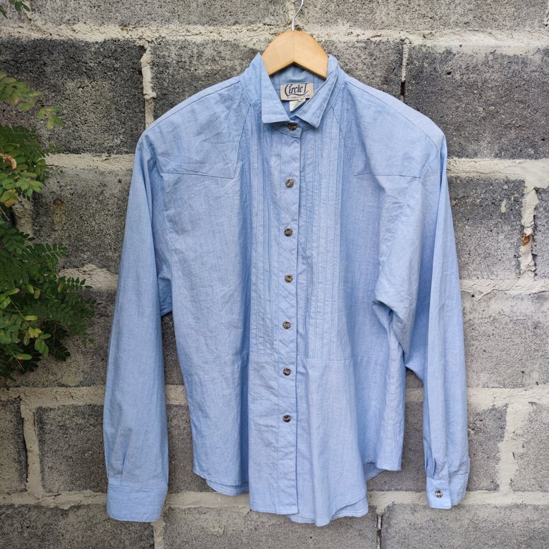 Vintage 80s Dead stock Circlet by Marilyn Lenox  Women's Chambray Shirt - 女襯衫 - 棉．麻 藍色