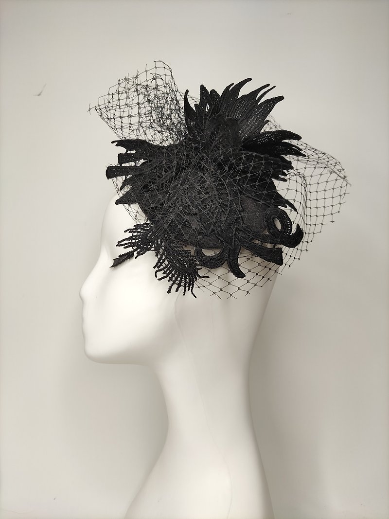 Don-Ya Mi Fashion banquet style hair accessories lace top hat niche designer custom brand - Hair Accessories - Cotton & Hemp Black
