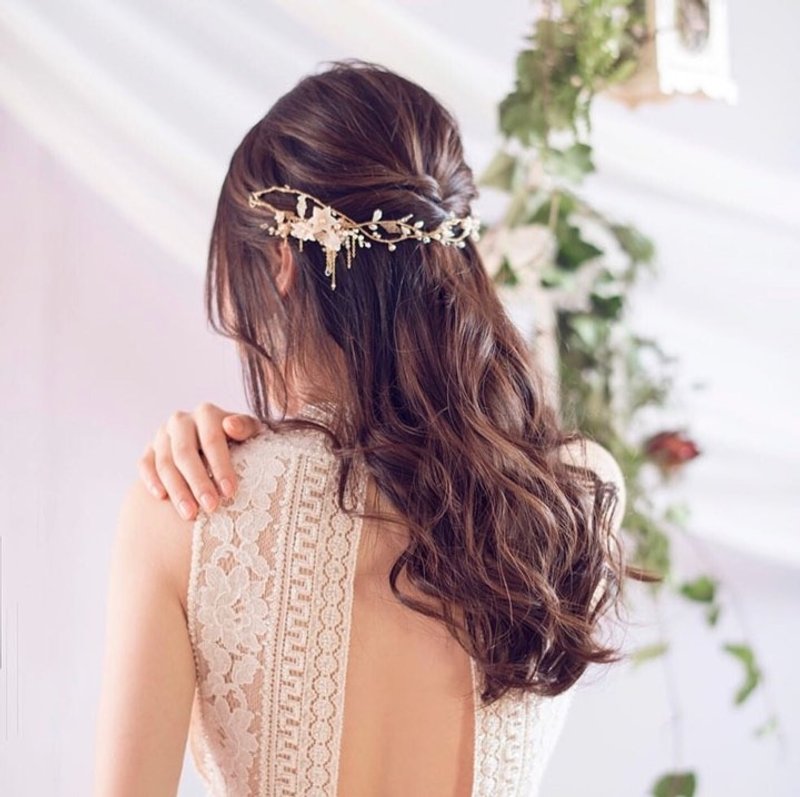 Boho like rain---復古金飾淡水珍珠吊飾/婚禮頭飾/新娘頭飾 - 髮夾/髮圈 - 其他金屬 金色
