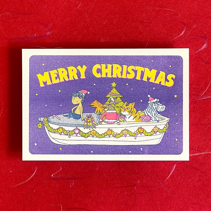 Happy Animal Boat (Risograph Christmas Card) - Cards & Postcards - Paper Purple