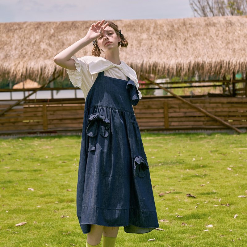 大蝴蝶結口袋牛仔裙 / 連身裙 吊帶裙 洋裝 丹寧 - 連身裙 - 棉．麻 藍色