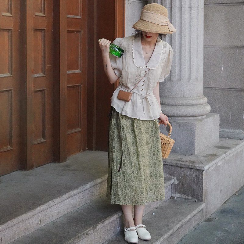Green Print Lace-up Slit Skirt|Skirt|Summer|Cotton|Sora-754 - Skirts - Cotton & Hemp Green