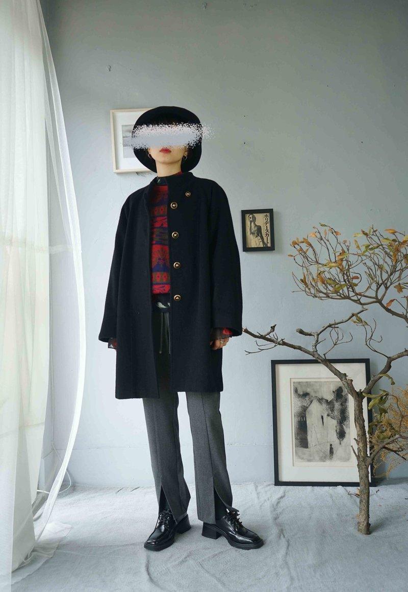 尋寶古著-黑色立領連袖復古金釦毛料大衣外套 - 女大衣/外套 - 羊毛 黑色