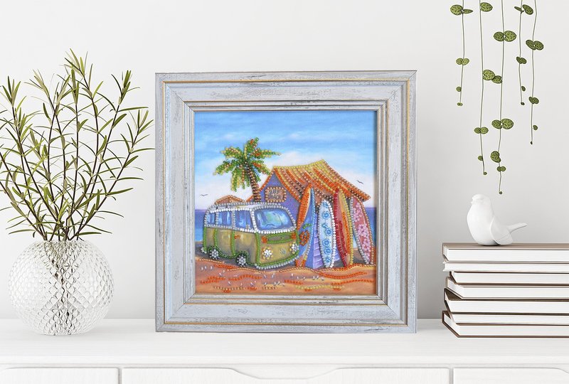 Surfing Beach bus wall art, handmade bead embroidered framed picture - ตกแต่งผนัง - วัสดุอื่นๆ หลากหลายสี