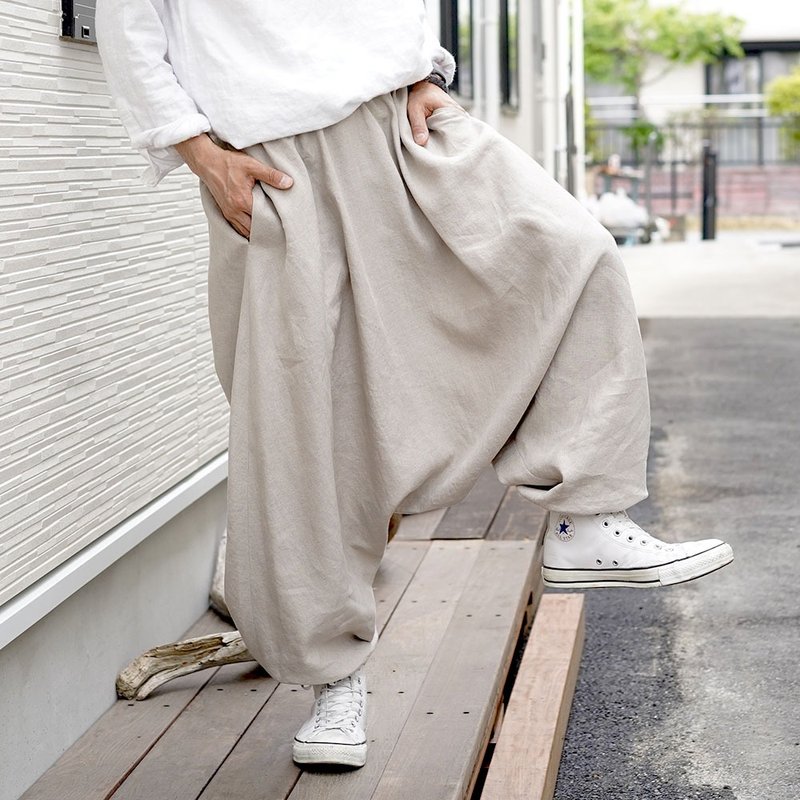 wafu --Ama 褲子 Lightweight Linen Unisex Harem Pants / Flax Beige b020b-amn1 - Unisex Pants - Linen Khaki