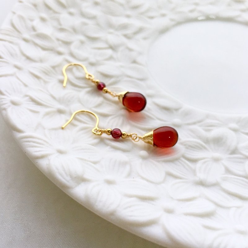 [If] [Sang] natural Stone in mind the age of Stone. 14K gold earrings. Birthstone of January. - Earrings & Clip-ons - Gemstone Red