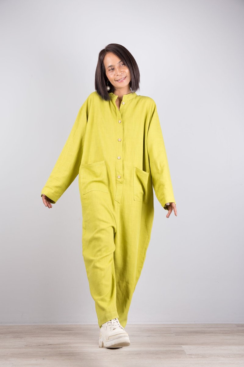 Jumpsuit, super soft linen blended , oversize, long sleeve, lime green colour - Overalls & Jumpsuits - Cotton & Hemp Yellow