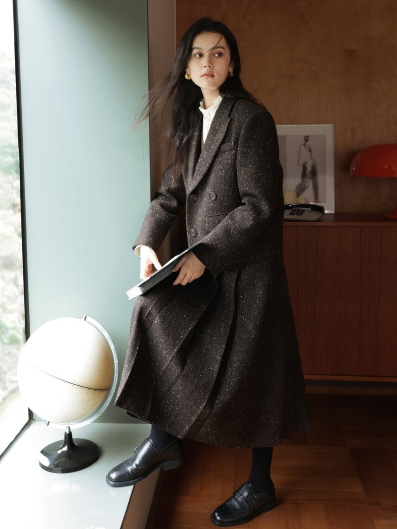 Dark Chocolate Night Zurich Dotted Wool Suit Jacket Skirt - Women's Blazers & Trench Coats - Wool Brown