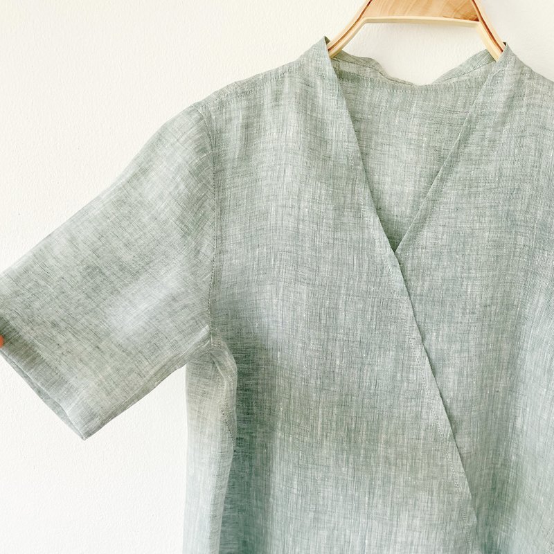 Corolla Blouse : V neck Short Sleeve Linen Breathable Blouse Brown Color - Women's Tops - Cotton & Hemp Multicolor