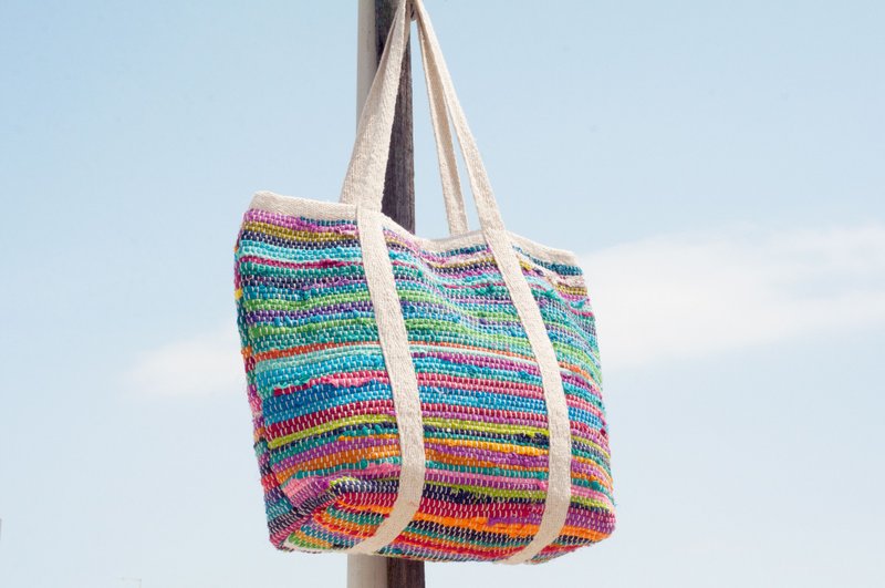 Cotton Woven Fabric Lightweight Bag Crossbody Bag Side Backpack Shoulder Bag Tote Bag Shopping Bag-Blue Rainbow - Messenger Bags & Sling Bags - Cotton & Hemp Multicolor