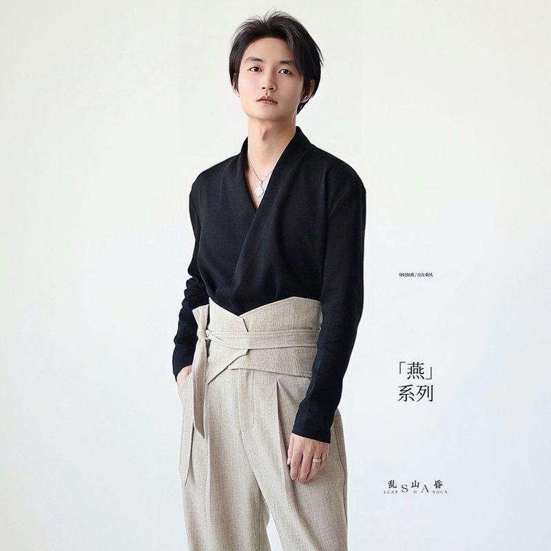 亂山昏 燕 新中式國風原創交領黑色長袖秋冬百搭打底衛衣通勤 - 男 T 恤 - 其他材質 黑色