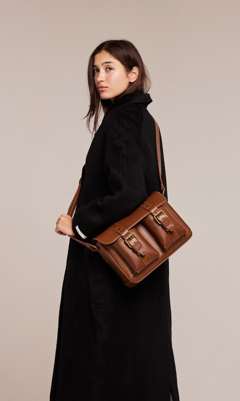 NOAH small caramel soft cowhide modern cross-body briefcase - Messenger Bags & Sling Bags - Genuine Leather Brown