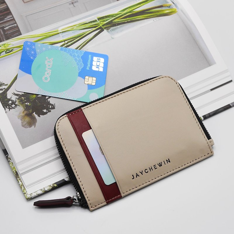 財布 Flat Wallet - Cream + Dark Red - クリーム レッド - 財布 - 革 カーキ