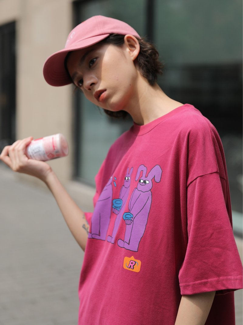 odd maker 3 rabbits rose pink summer cotton cartoon childlike loose t-shirt short sleeves - เสื้อยืดผู้หญิง - ผ้าฝ้าย/ผ้าลินิน 