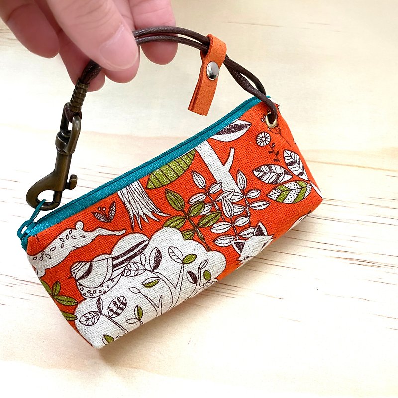 Zipper key case (Animal Forest-Tangerine) Japanese cloth made to order* - Keychains - Cotton & Hemp Orange