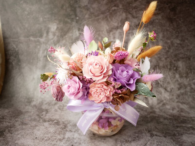 Pink Purple Love Potted Flowers Extremely Dry and Immortal Flower Gift - ช่อดอกไม้แห้ง - พืช/ดอกไม้ สึชมพู