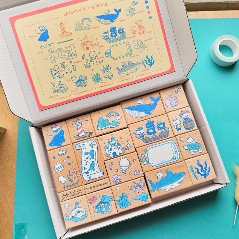 [Cat Ocean Pirate Story] Colorful boxed stamp 20 pieces - Stamps & Stamp Pads - Wood 