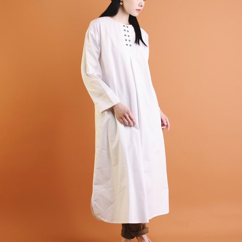 OMAKE.jp Double Breasted Shirt Dress KaihaOnepiece White - One Piece Dresses - Cotton & Hemp White