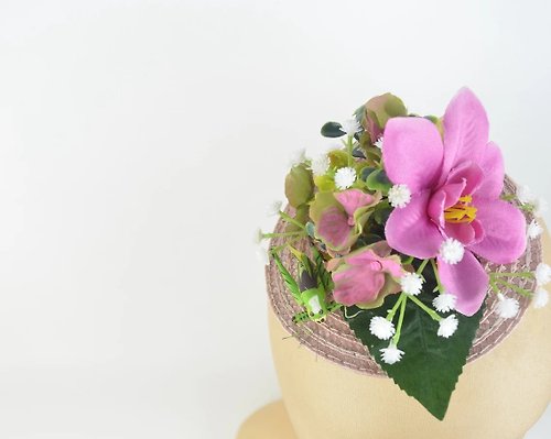 Elle Santos Headpiece Cocktail Hat Pink Orchid Silk Flowers and Grasshopper Floral Crown